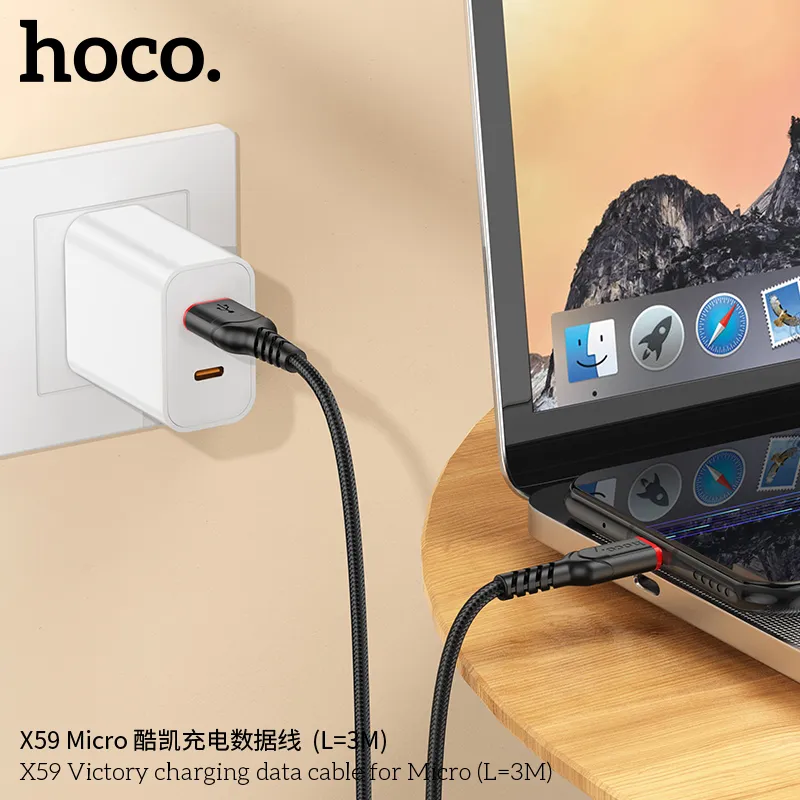 Cáp Sạc Micro Hoco X59 Victory L=3M thiết kế bền đẹp, dây bện nylon chắc chắn