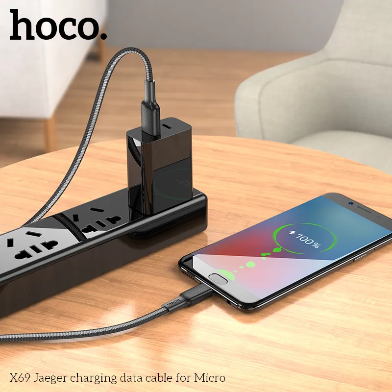 Kích thước nhỏ gọn 1m, trọng lượng 24g dễ mang theo Cáp Sạc Micro Hoco X69 Jaeger sạc nhanh 2.4A bền bỉ, nylon dệt chống đứt