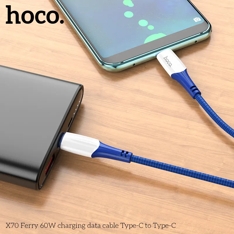 Cáp Sạc Type-C to Type-C Hoco X70 Ferry 60W thiết kế bền bỉ, tương thích đa thiết bị