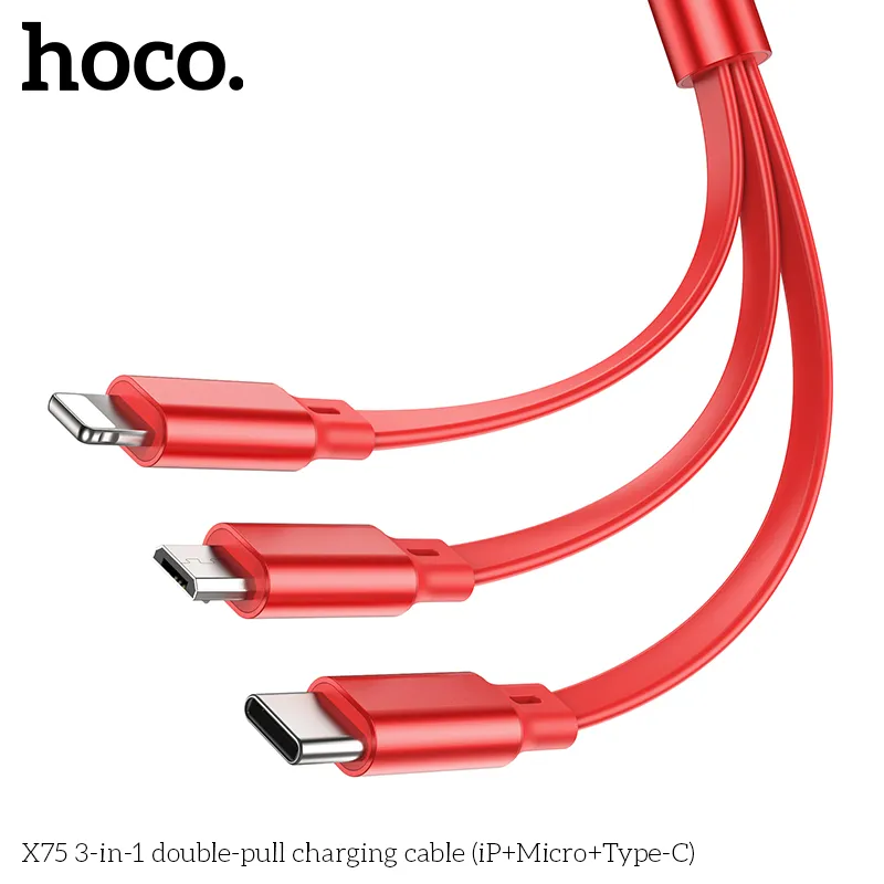 Cáp Sạc 3-in-1 Hoco X75 double-pull iP+Micro+Type-C với thiết kế 3 đầu tiện lợi cho nhiều thiết bị