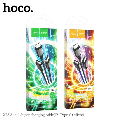 Cáp Sạc 3-in-1 Hoco X76 Super iP+Type-C+Micro