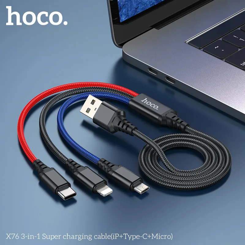 Cáp Sạc 3-in-1 Hoco X76 Super iP+Type-C+Micro thiết kế hiện đại đa năng dễ sử dụng
