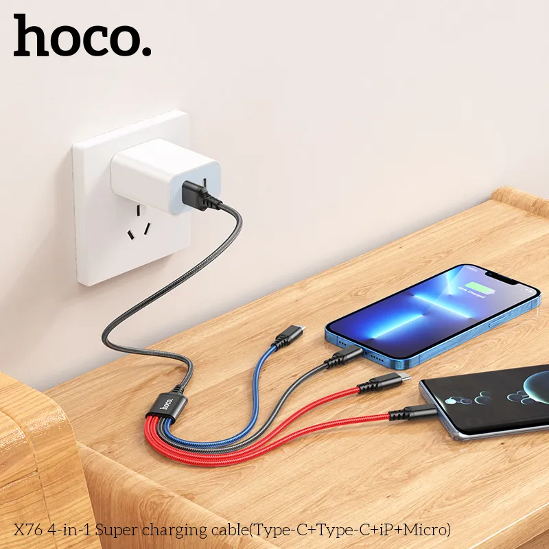 Cáp Sạc 4-in-1 Hoco X76 Super với thiết kế đa năng cho Type-C, iP và Micro