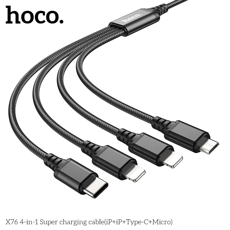 Cáp Sạc 4-in-1 Hoco X76 Super iP+iP+Type-C+Micro đa năng, bền bỉ và tiện lợi