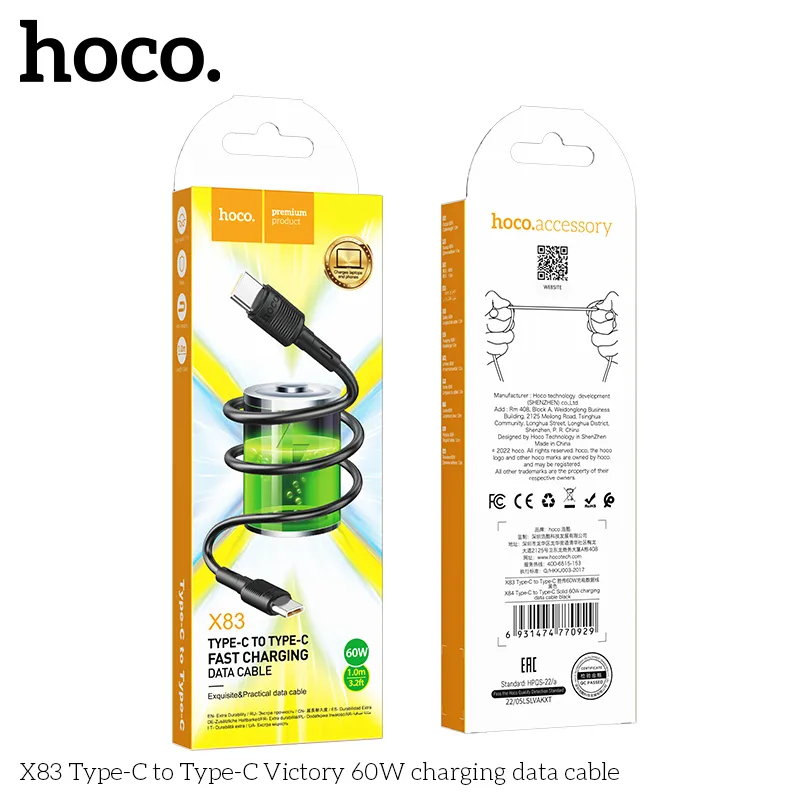 Cáp Sạc Type-C to Type-C Hoco X83 Victory 60W thiết kế bền bỉ, truyền tải ổn định công suất cao