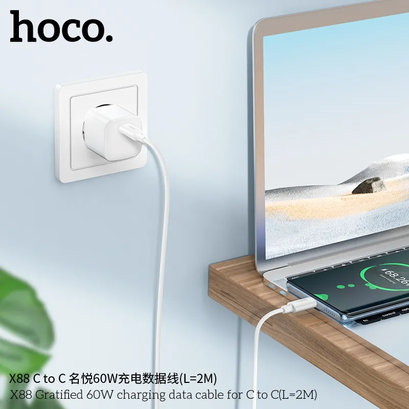 Cáp Sạc Type-C to Type-C Hoco X88 Gratified 60W L=2M Packaged tổng quan chất lượng cao