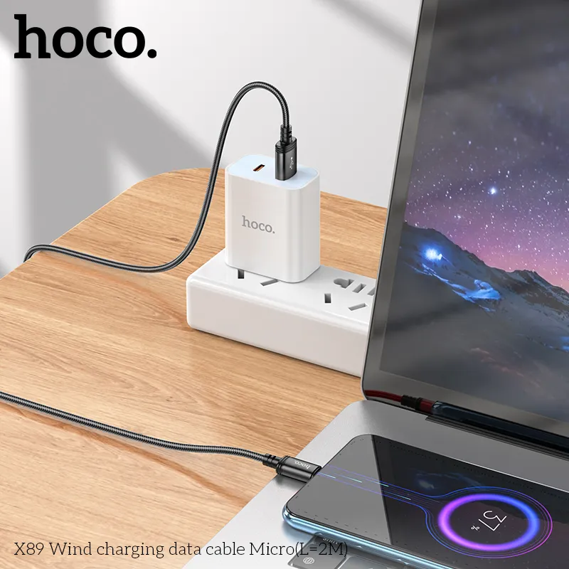 Cáp Sạc Micro Hoco X89 Wind L=2M Packaged thiết kế bền bỉ, dây bện nylon chống gãy gập