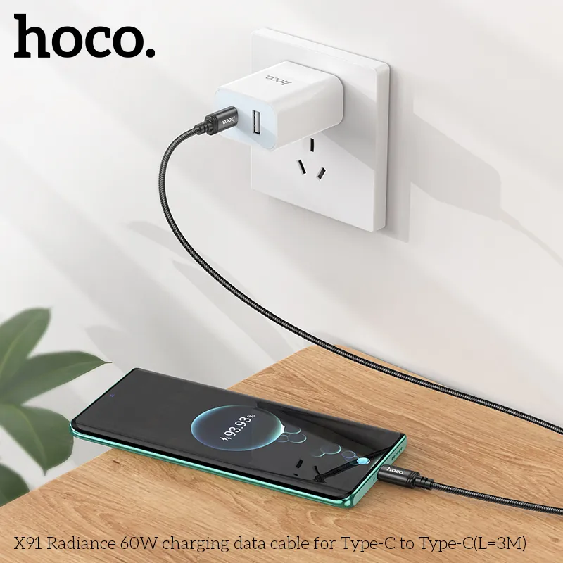 Kích thước cáp Type-C Hoco X91 dài 3m, trọng lượng nhẹ 82g thuận tiện sử dụng
