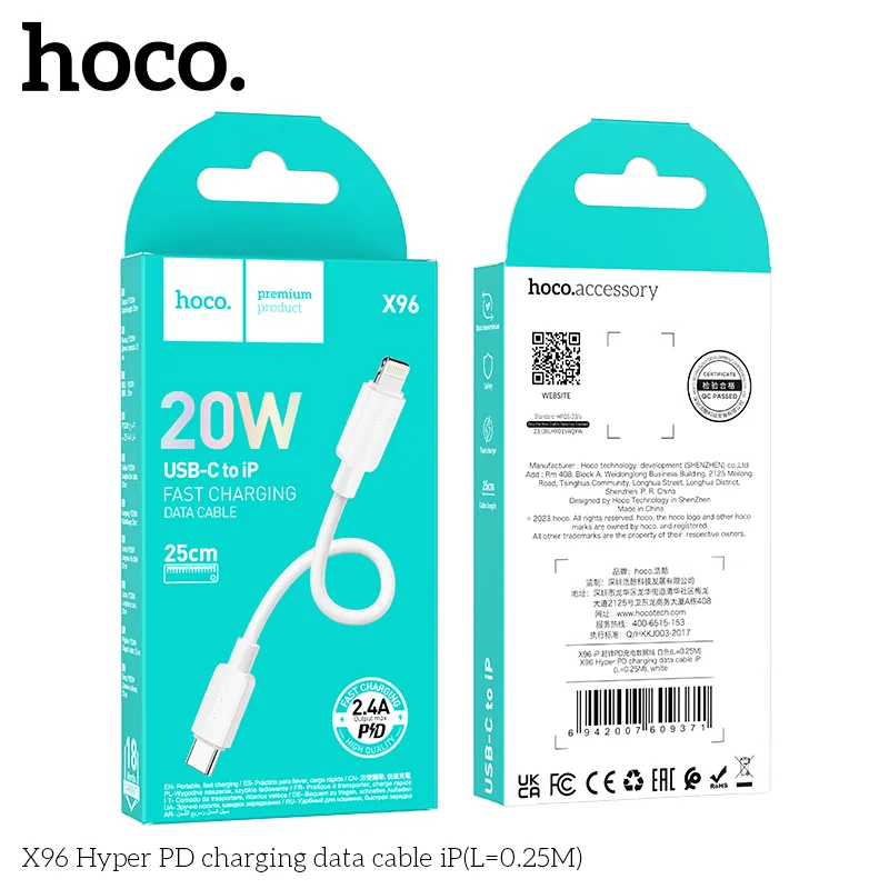 Cáp Sạc iP Hoco X96 Hyper L=0.25M thiết kế nhỏ gọn, chất liệu PVC bền bỉ đảm bảo sạc nhanh và an toàn