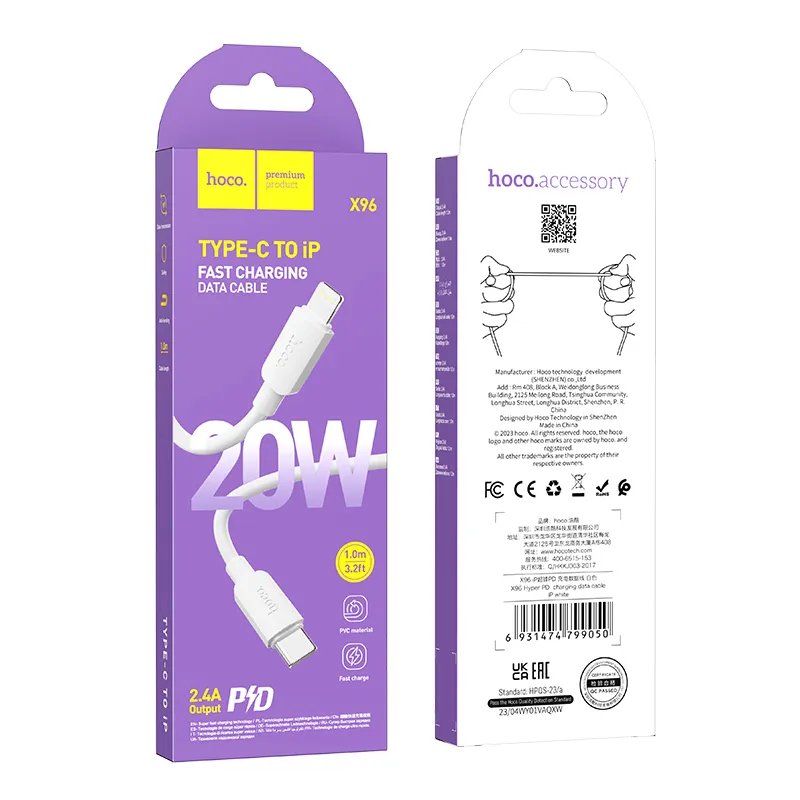 Đóng gói sản phẩm Cáp Sạc PD iP Hoco X96 Hyper chuyên nghiệp, đầy đủ phụ kiện