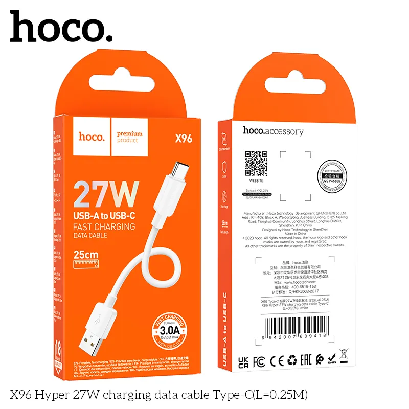 Tính năng chi tiết cáp Type-C Hoco X96 Hyper hỗ trợ dòng 3A, lõi dây chất lượng cao, chống gãy