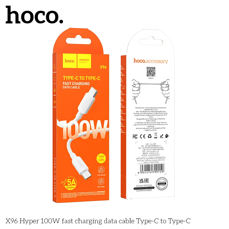 Cáp Sạc Type-C to Type-C Hoco X96 Hyper 60W thiết kế bền bỉ, hỗ trợ sạc nhanh tốc độ cao