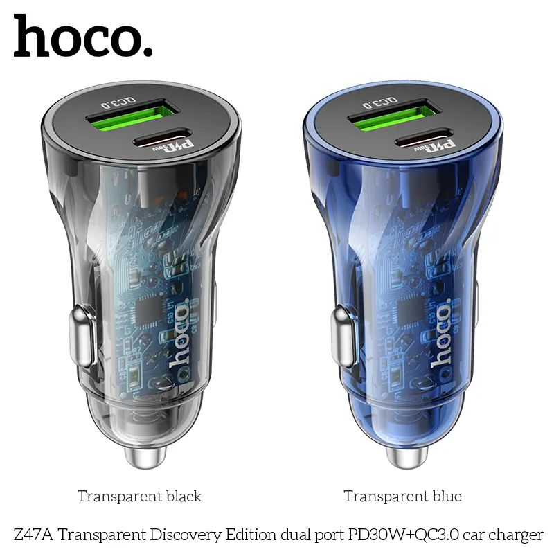 Tẩu sạc ô tô Hoco Z47A Transparent Discovery Edition thiết kế trong suốt hiện đại, công suất cao PD30W+QC3.0 tiện dụng