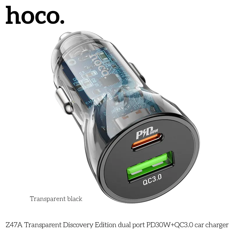 Thiết kế tẩu sạc ô tô Hoco Z47A vỏ nhựa PC+ABS trong suốt, nhỏ gọn, tinh tế, dễ sử dụng