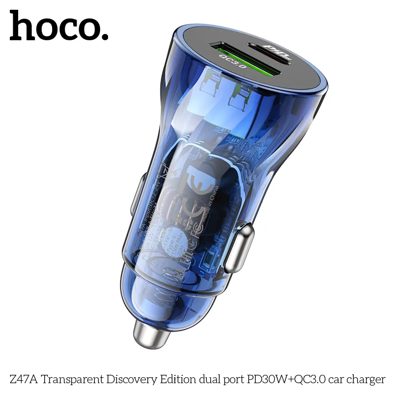 Tính năng chi tiết tẩu sạc ô tô Hoco Z47A với 2 cổng Type-C và USB-A, công suất 30W và 18W đa năng