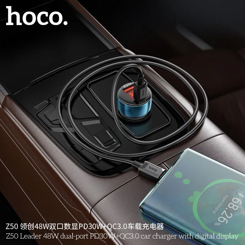 Tẩu sạc ô tô Hoco Z50 Leader 48W PD30W+QC3.0 với thiết kế nhỏ gọn và màn hình kỹ thuật số hiển thị điện áp