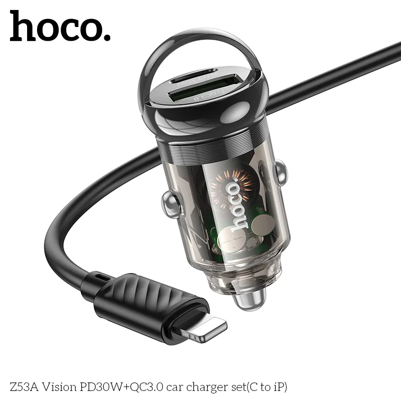 Tẩu Sạc Ô tô Hoco Z53A Vision PD30W+QC3.0 kèm dây C to iP thiết kế hiện đại, nhỏ gọn, phù hợp mọi xe hơi