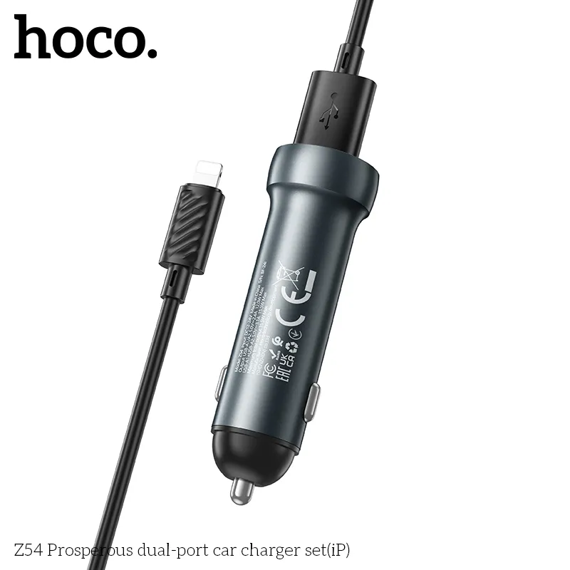Tẩu Sạc Ô tô Hoco Z54 Prosperous kèm dây iP thiết kế hiện đại chất liệu hợp kim nhôm bền chắc
