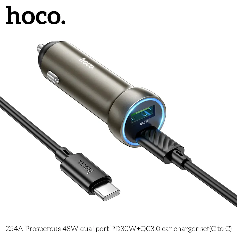 Tẩu sạc ô tô Hoco Z54A Prosperous 48W PD30W+QC3.0 kèm dây C to C đa năng tiện ích
