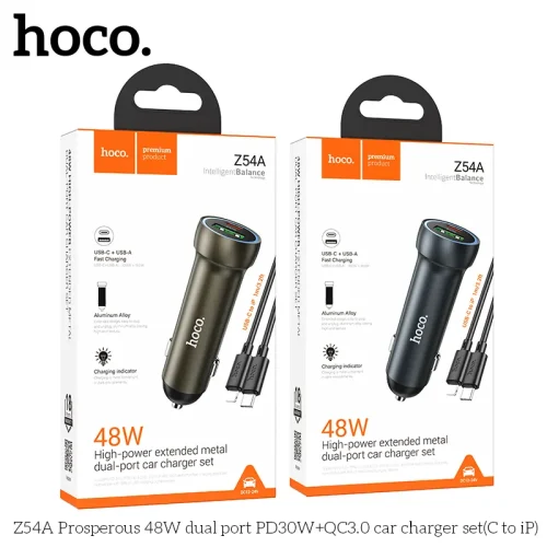 Tẩu Sạc Ô tô Hoco Z54A Prosperous 48W PD30W+QC3.0 kèm dây C to iP