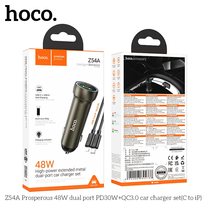 Tẩu Sạc Ô tô Hoco Z54A Prosperous 48W PD30W+QC3.0 tiện lợi và đa năng