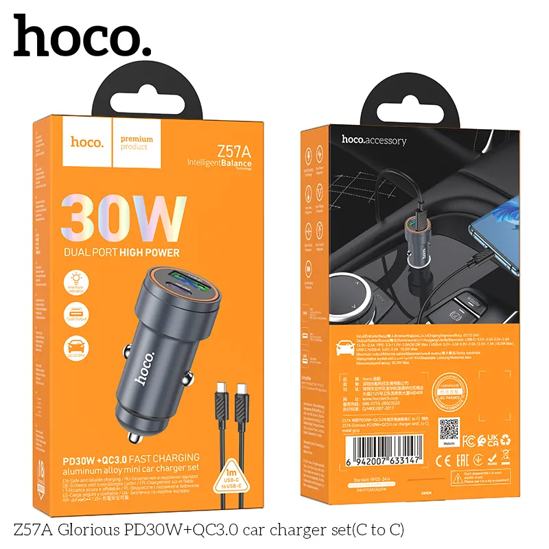 Tẩu sạc Hoco Z57A chất liệu hợp kim nhôm bền bỉ, chống va đập tốt