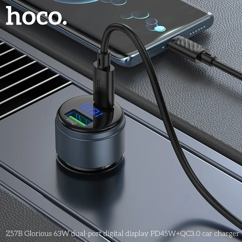 Tẩu sạc ô tô Hoco Z57B Glorious 63W PD45W+QC3.0 màn hình kỹ thuật số chất liệu hợp kim nhôm bền bỉ