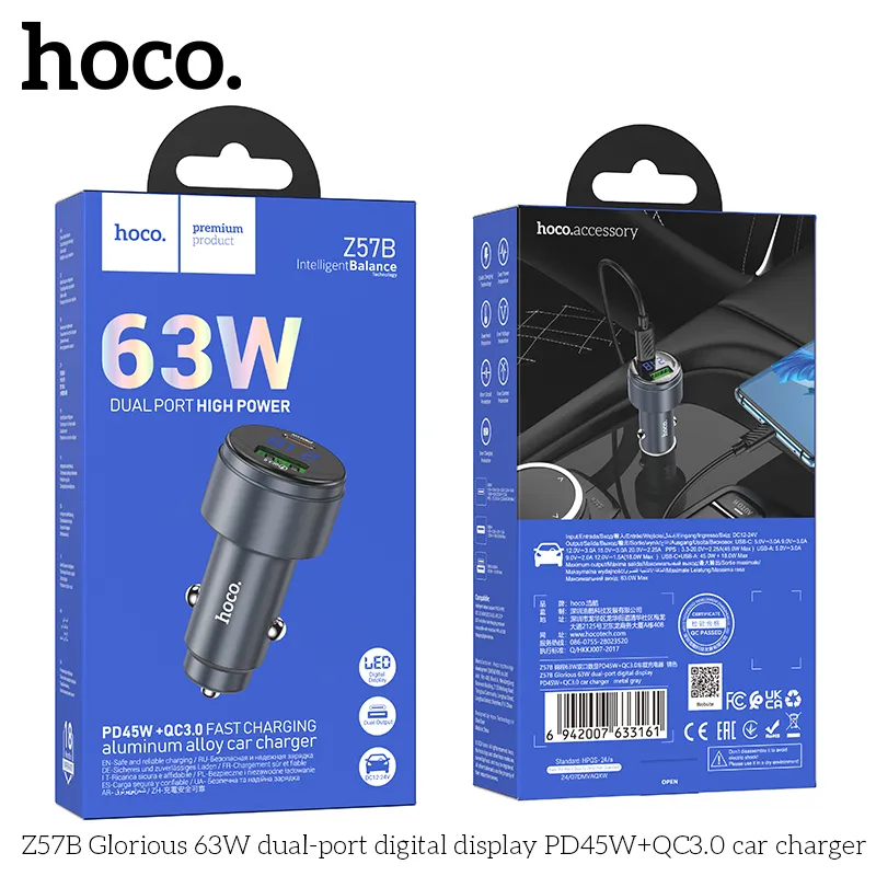 Kích thước tẩu sạc ô tô Hoco Z57B nhỏ gọn 68,5x32,5mm, trọng lượng 44g
