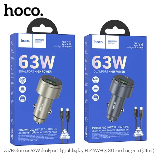 Tẩu Sạc Ô tô Hoco Z57B Glorious 63W PD45W+QC3.0 màn hình kỹ thuật số kèm dây C to C
