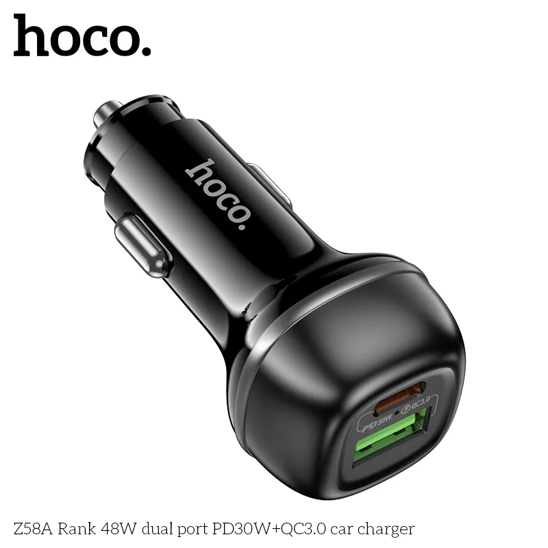 Thiết kế tẩu sạc ô tô Hoco Z58A với kiểu dáng tinh tế, chất liệu PC chống cháy an toàn