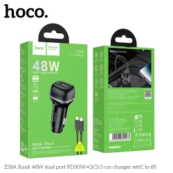 Tẩu Sạc Ô tô Hoco Z58A Rank 48W PD30W+QC3.0 kèm dây C to iP