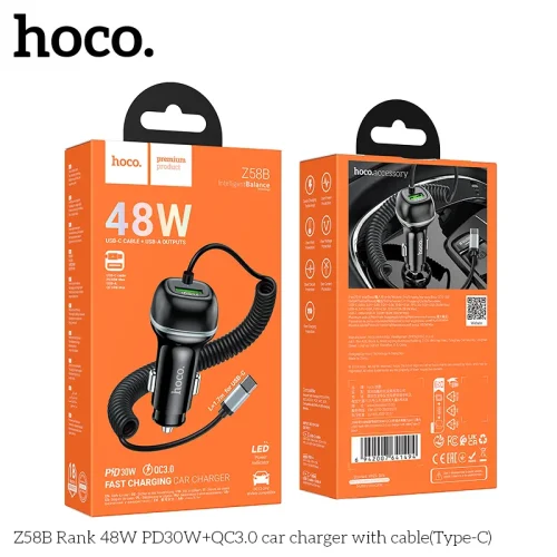 Tẩu Sạc Ô tô Hoco Z58B Rank 48W PD30W+QC3.0 kèm dây Type-C