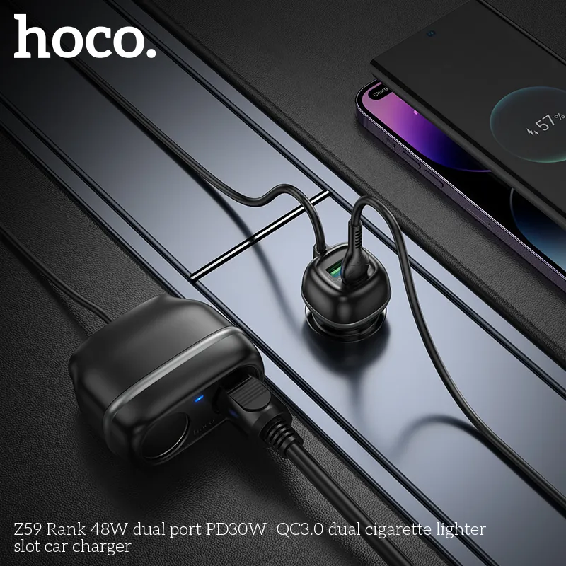 Thiết kế tẩu sạc ô tô Hoco Z59 bằng vật liệu chống cháy PC bền bỉ, màu sắc sang trọng
