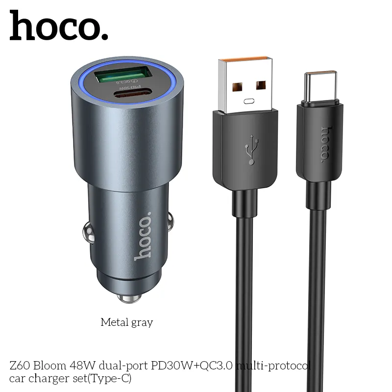 Tẩu Sạc Ô tô Hoco Z60 Bloom 48W PD30W+QC3.0 kèm dây Type-C thiết kế nhỏ gọn sang trọng