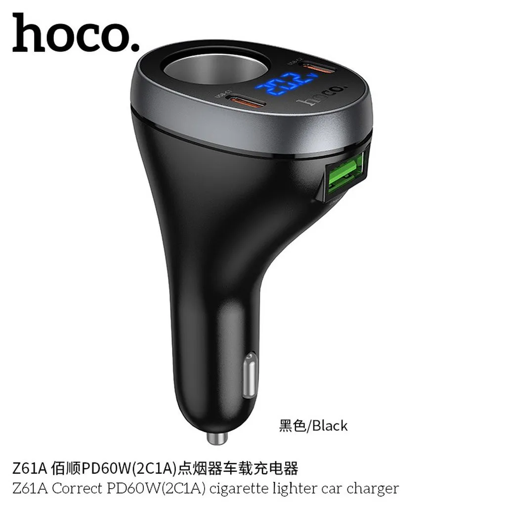 Thiết kế nhỏ gọn tẩu sạc ô tô Hoco Z61A Correct PD60W màu đen sang trọng