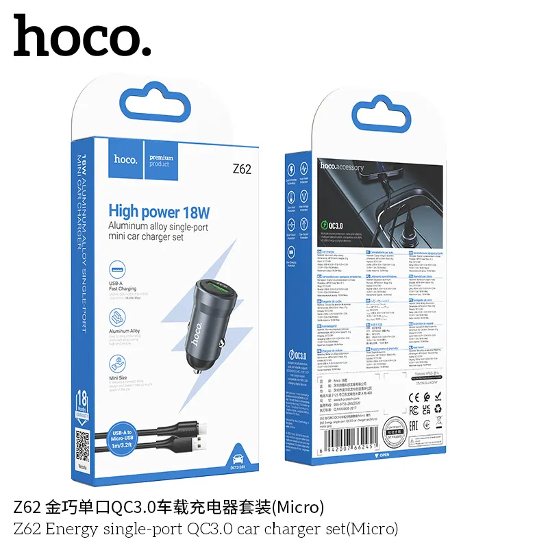 Tẩu sạc ô tô Hoco Z62 Energy QC3.0 kèm dây Micro thiết kế nhỏ gọn, sang trọng
