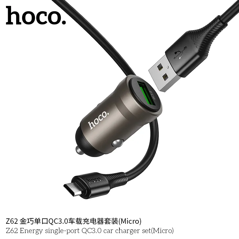 Đóng gói tẩu sạc Hoco Z62 Energy với dây Micro bảo vệ kỹ lưỡng, đầy đủ phụ kiện